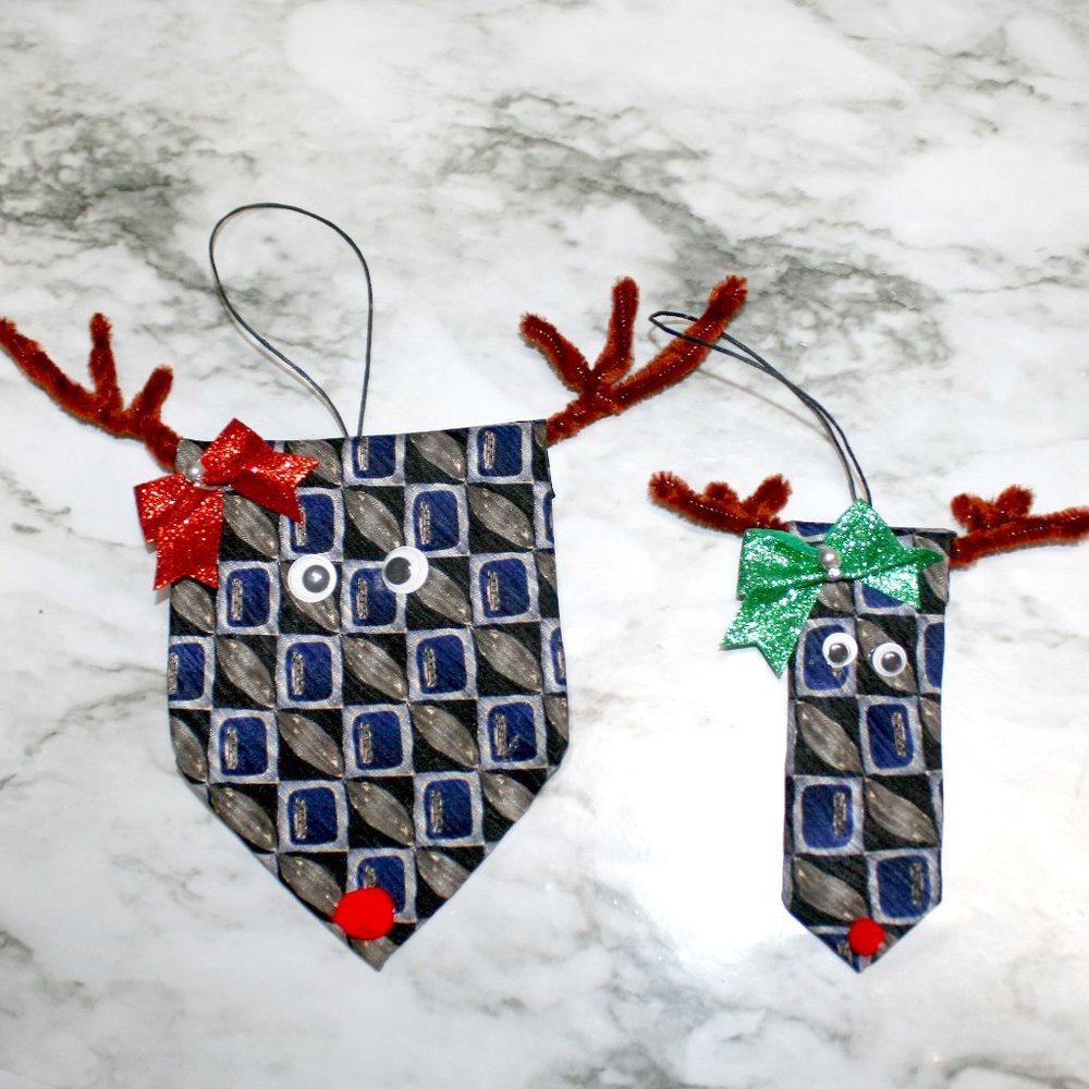 UPCYCLED Necktie Ornament Christmas Reindeer Handmade Blue Mosaic Neck Tie Set